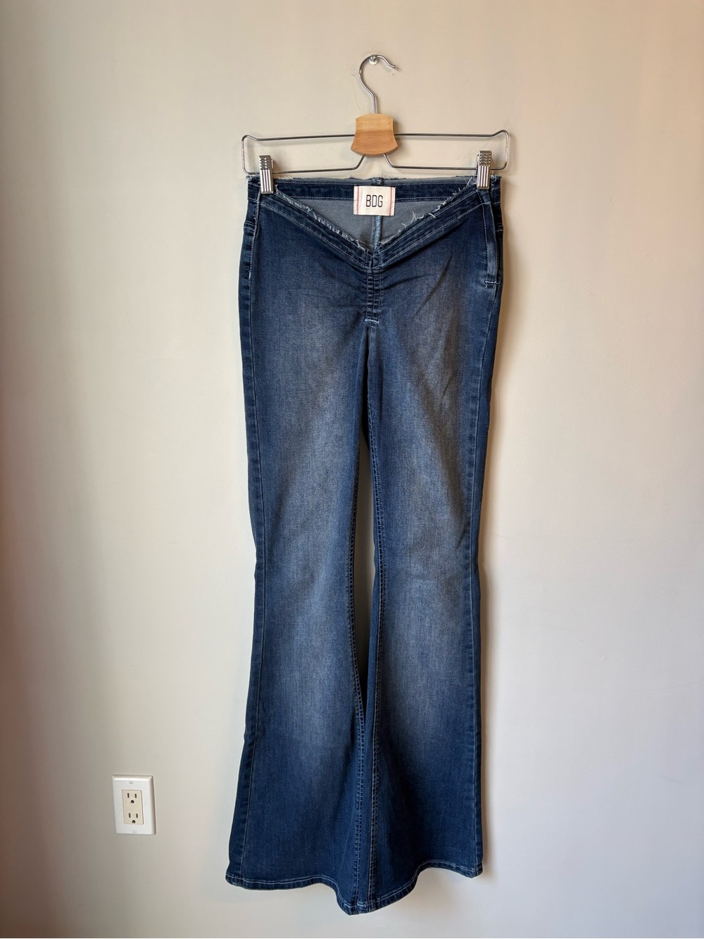 BDG Dark Blue V-Waist Distressed Flare Jeans
